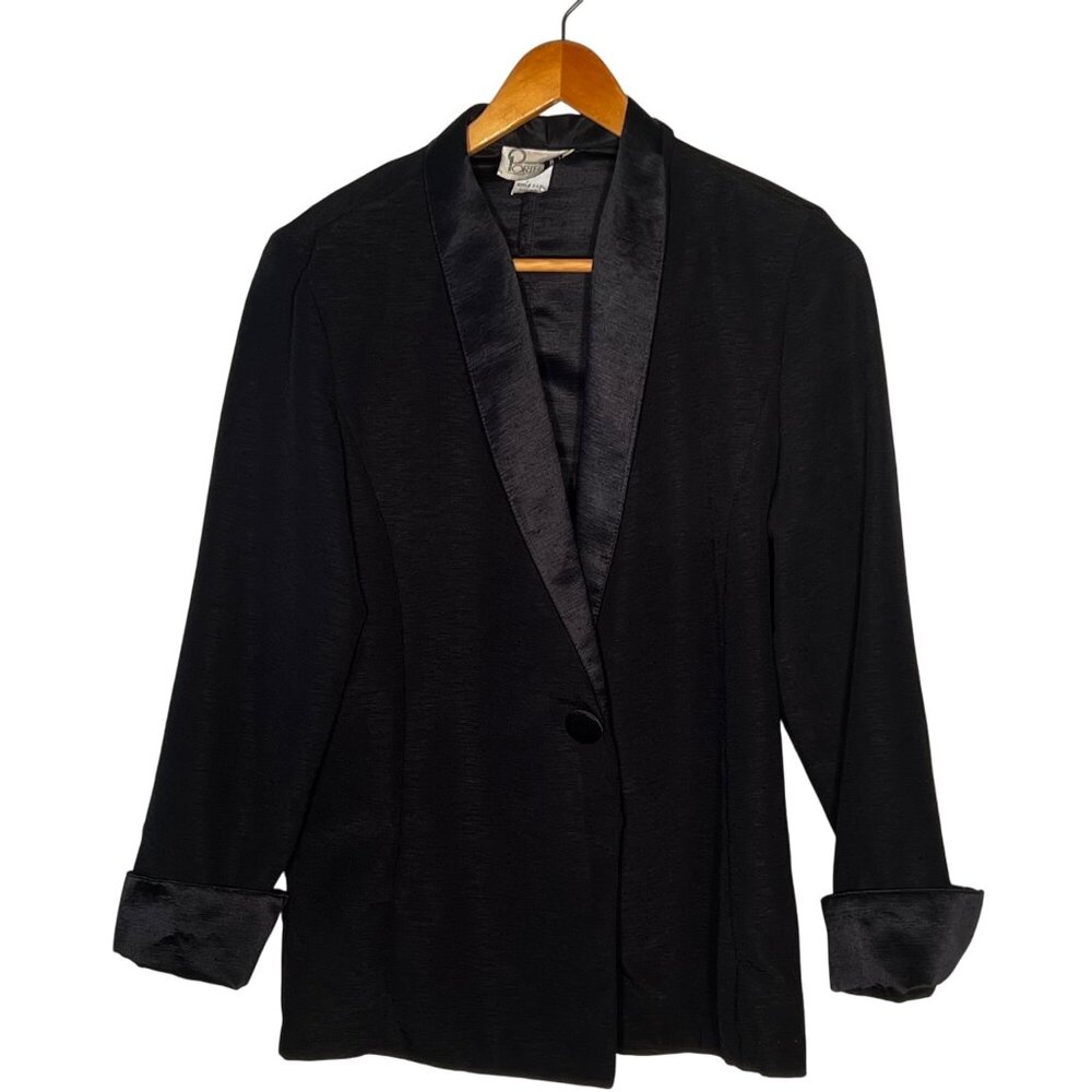 VTG Portfolio Black Blazer Size 7-8 With Satin Lapels & Cuffs USA Office Evening